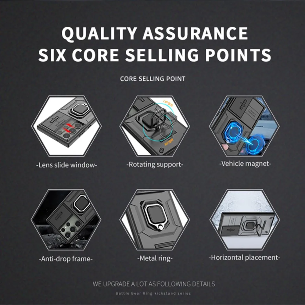 Case For Samsung S23 Ultra Plus A54 A34 A14 A24 4G 5G Slide Camera Ring Stand Armor Anti-fall Protection Kickstand_voghion.com