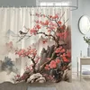 Japanese Style Flowers Bird Shower Curtain Abstract Mountain Red Floral Plant Ink Art Landscape Fabric Decor Bathroom Curtains 1