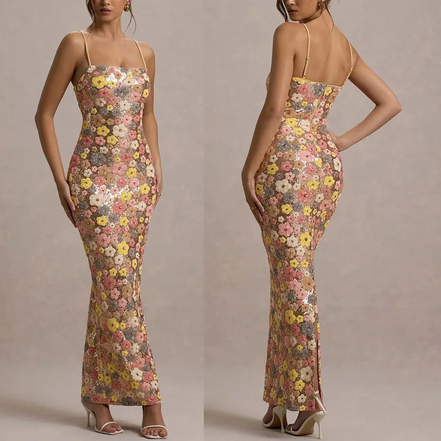 Summ Women Flowers Sequin Patchwork Slim Party Long Dress Strapless Fashion Maxi Dress, Sexy Sleeveless Ladies Dress Vestidos 3