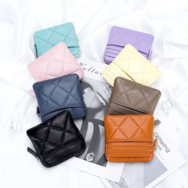 Woman Coin Purse Zipper Wallet Grid Pattern Genuine Leather Card Bag Women Square Pouch Quilted Argyle Functional Toast Wallet