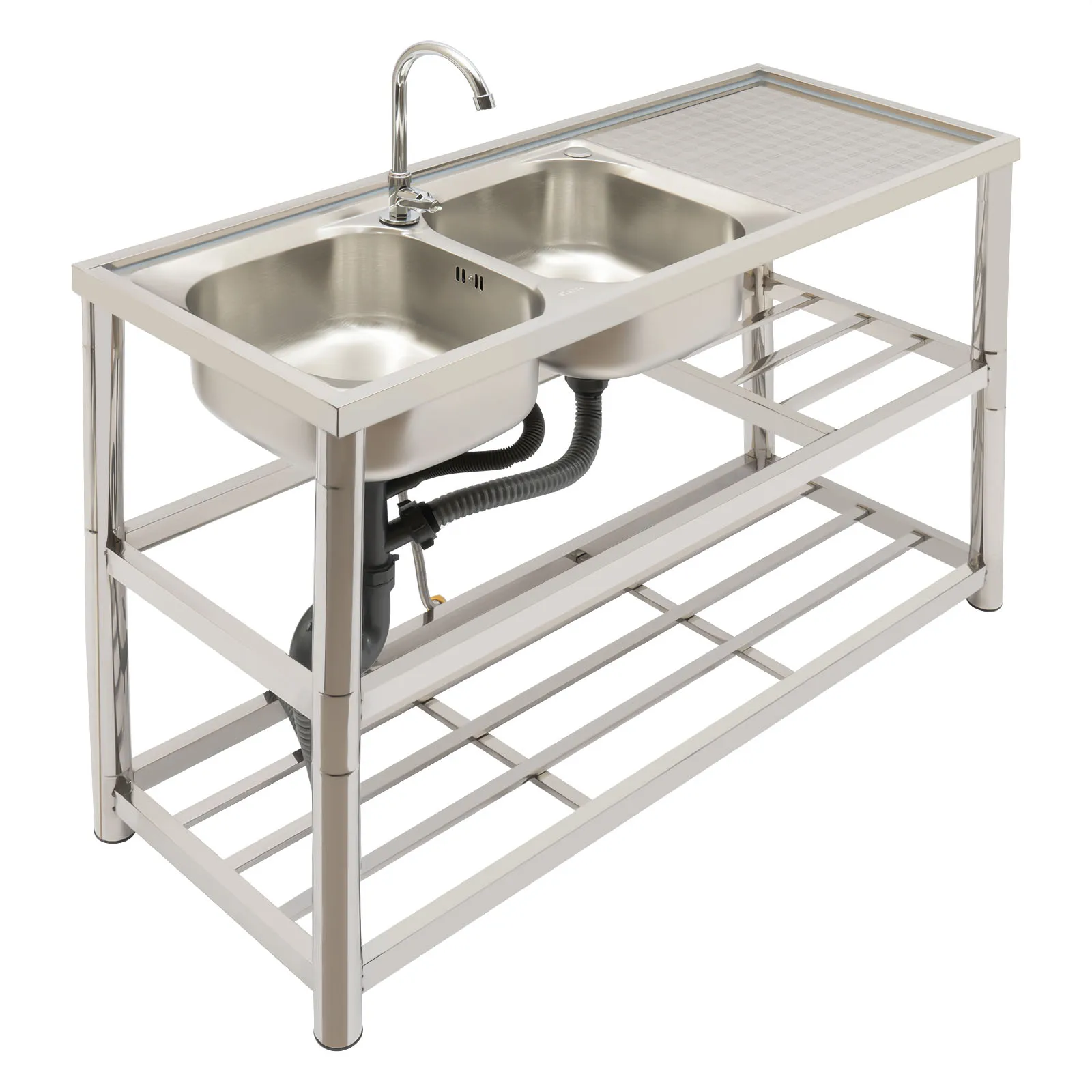 Free Standing Stainless-Steel Double Bowl Commercial  Kitchen Sink Set w/Faucet Drainboard w/Workbench & Double Storage Shelves 5