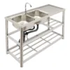 Free Standing Stainless-Steel Double Bowl Commercial  Kitchen Sink Set w/Faucet Drainboard w/Workbench & Double Storage Shelves 5