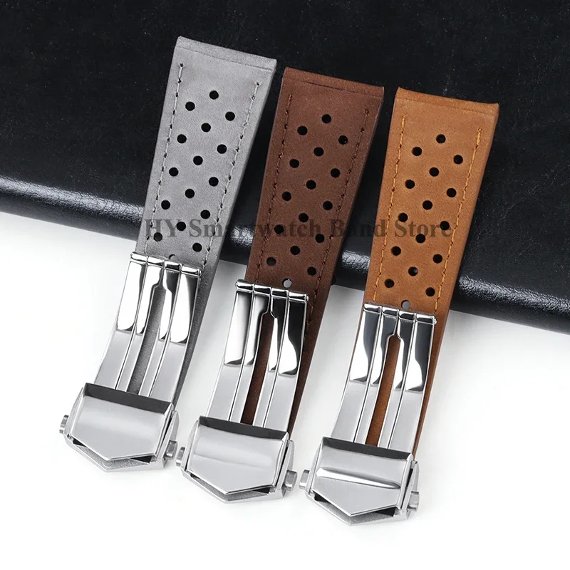 Genuine Leather Watch Strap with Brushed Cowhide and Solid Folding Buckle