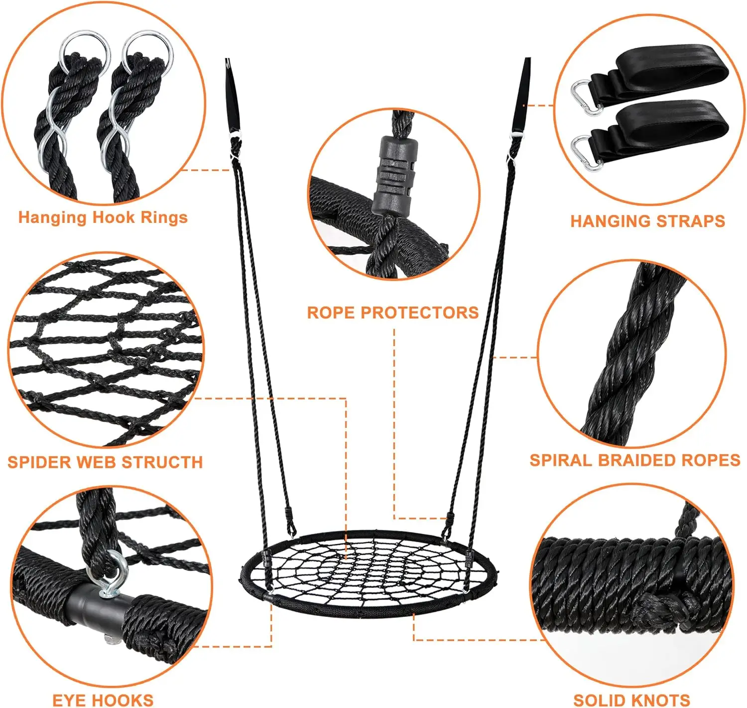 40'' Spider Web Tree Swing Round Net Swing Platform Rope Swing Set for Kids Adult, 71" Detachable Nylon Rope with Swivel 3