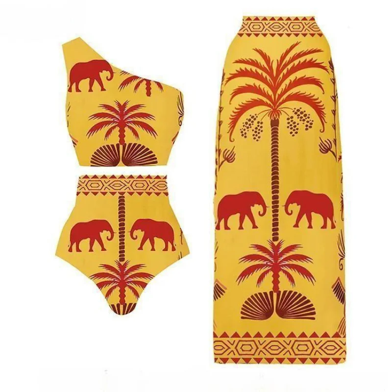 2024New Hot Spring Sexy One-Piece Swimsuit Women's Conservative Warm Printed Swimsuit Wrap Skirt Suit