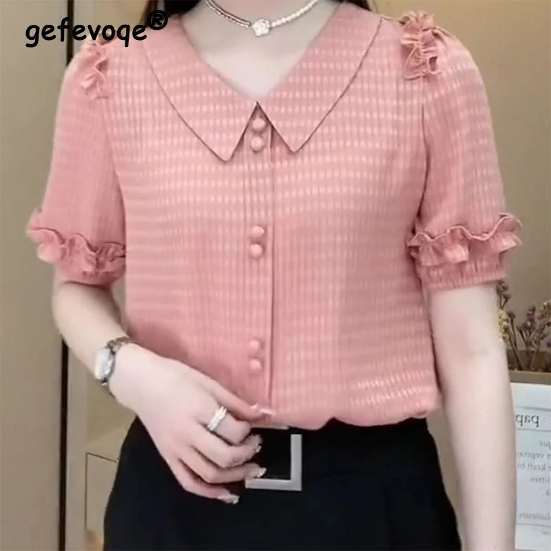 

2023 Summer New Casual Fashion Solid Color Short Sleeve Blouse Female Polo-neck Button Up Ruffles Cardigan Top Women Loose Shirt