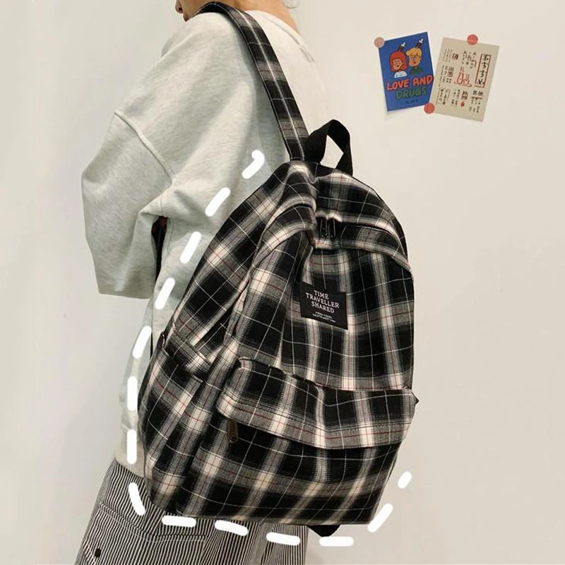 Fashion Plaid Canvas Women's Backpack Student Backpacks Teenage Girl School Bags Large Capacity Waterproof Travel Rucksack