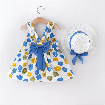 0-3 세 여아용 원피스, 할로우 백 V넥, 활 대비 플라워 스트랩, 비치 쿨 원피스, 여름 무료 모자, 2 개 세트
