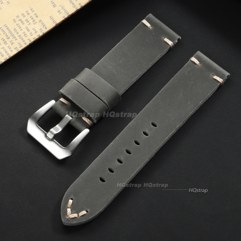 Vintage Crazy Horse Leather Handmade Watch Band with Stitching Details