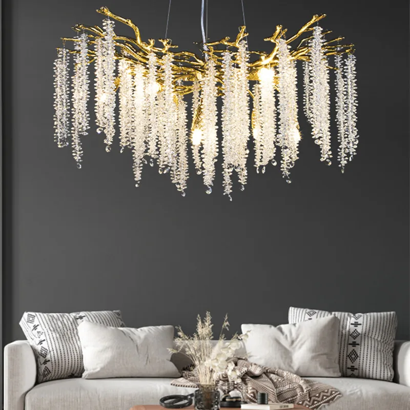 

Gold Branch Lighting Chandelier with Tassel Crystals LED Ceiling Hanging Light Fixture for Living Room Kitchen Crystal Lamps