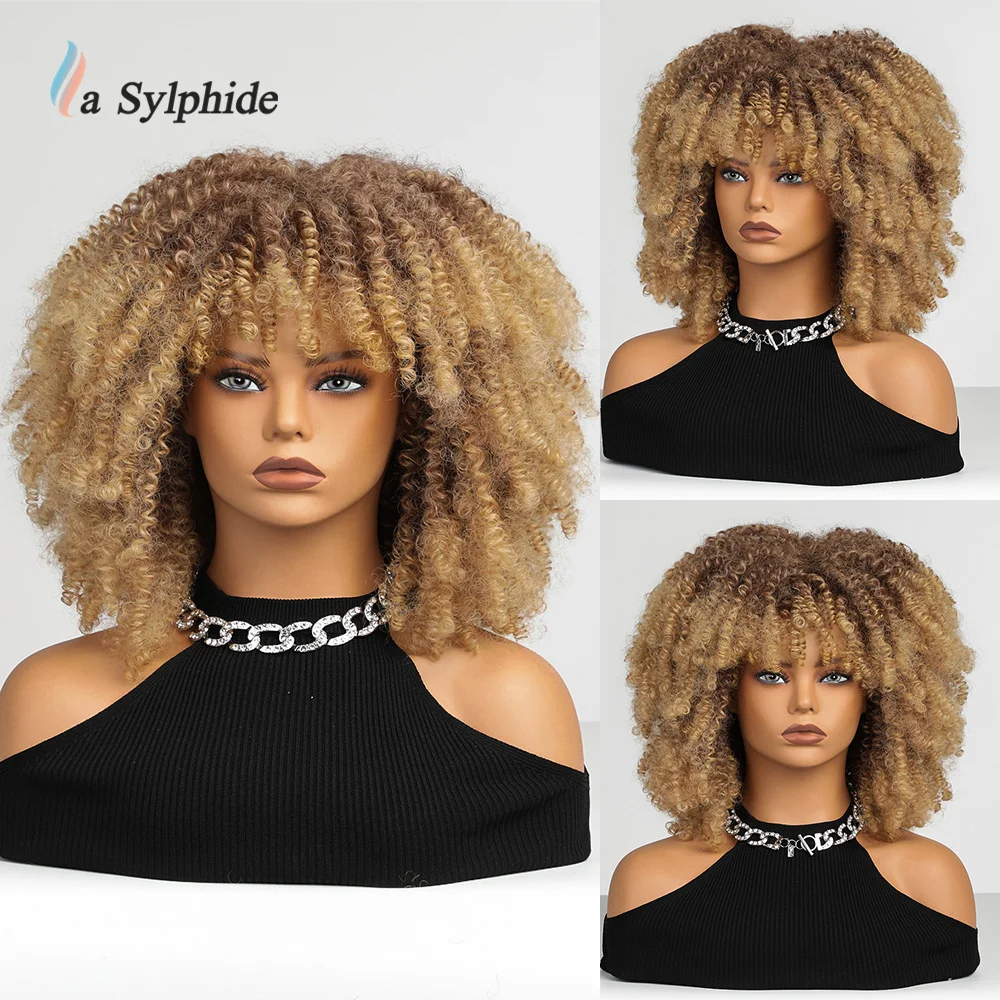 

Afro Kinky Curly Wig With Bangs Short Light Brown Ginger Wigs for Black Women Party Daily Natural Synthetic Wig