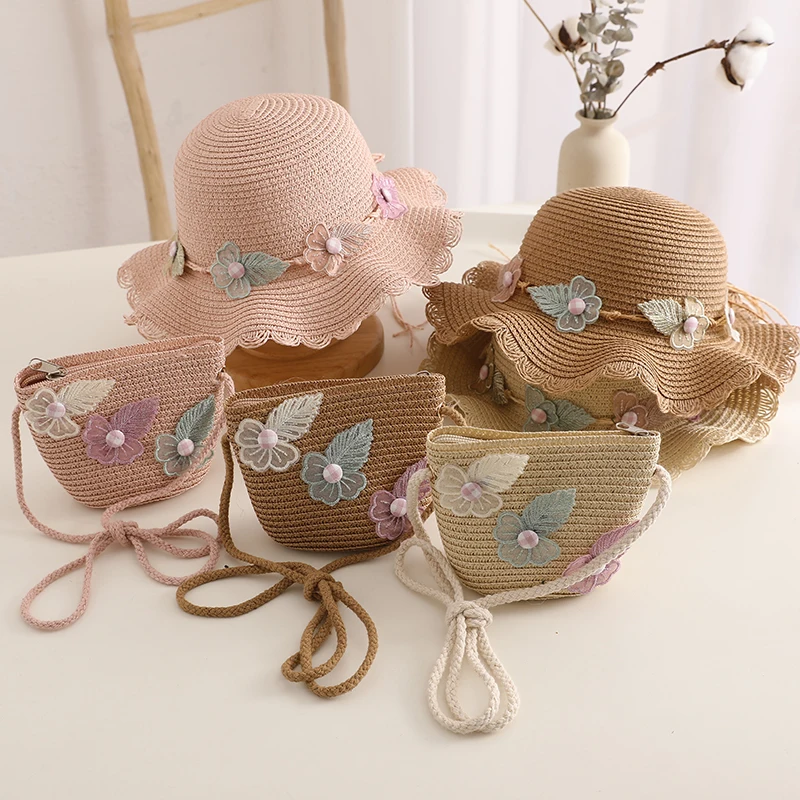 Fashion Straw Hat Handbag Set Kids Girls Summer Sun Protection Cap Travel Beach Sun Cap Portable Handbag Hat