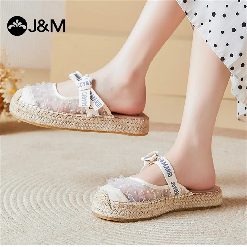 J&m Women Slides Fisherman Espadrilles Flat Shoes Summer Straw Platform Sandals Slip-on Mesh Bow Zapatillas Mujer Hemp - Women's Slippers - AliExpress