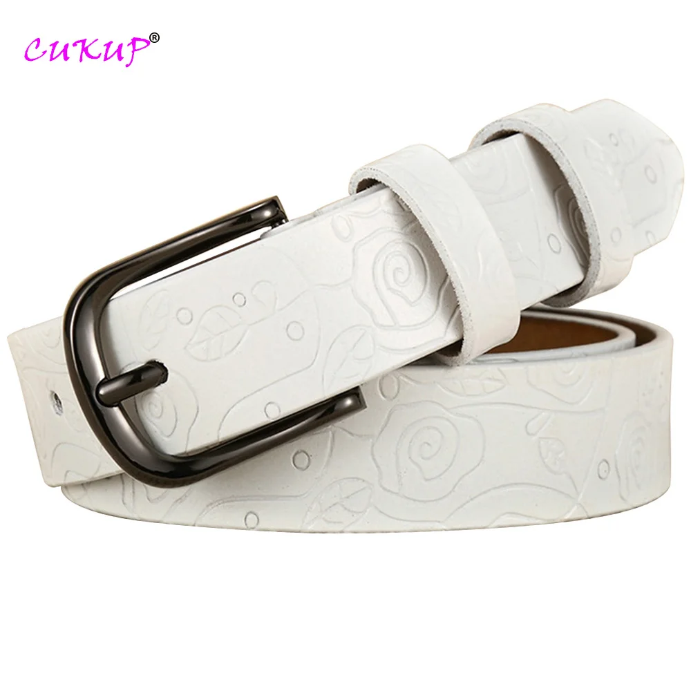 Fashion Design Floral Pattern Rose Red Genuine Leather Female Belt 3