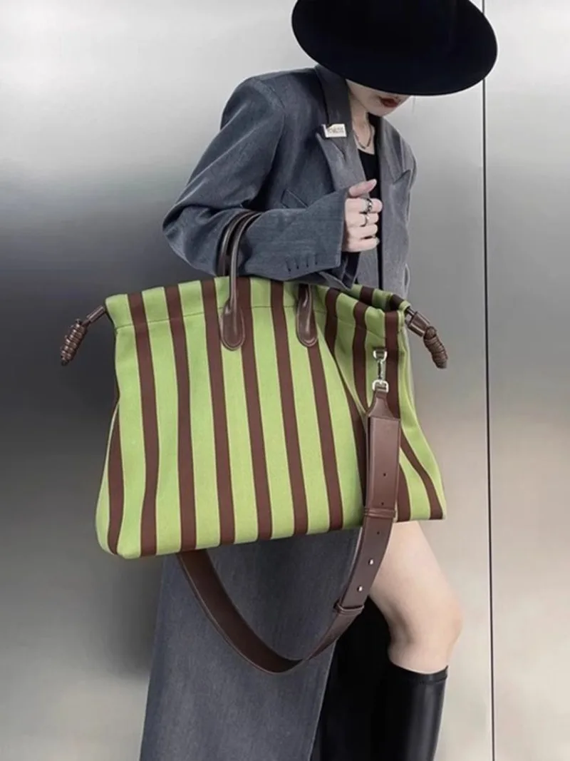 NEW Large Capacity Elastic Stripe Bucket Bag Tote Shopping Bag Crossbody Shoulder Bag Drawstring Soft Fabric Handbag