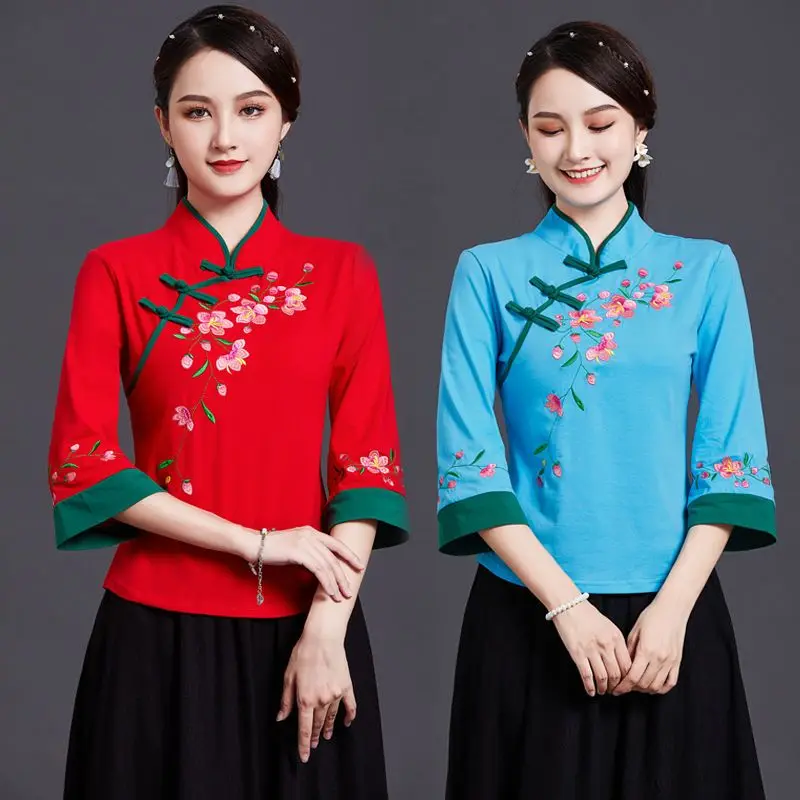 Traditional Embroidery Chinese Clothing For Women Tang Chinese Style Shirt Female Short Sleeve Summer Cheongsam Top Hanfu