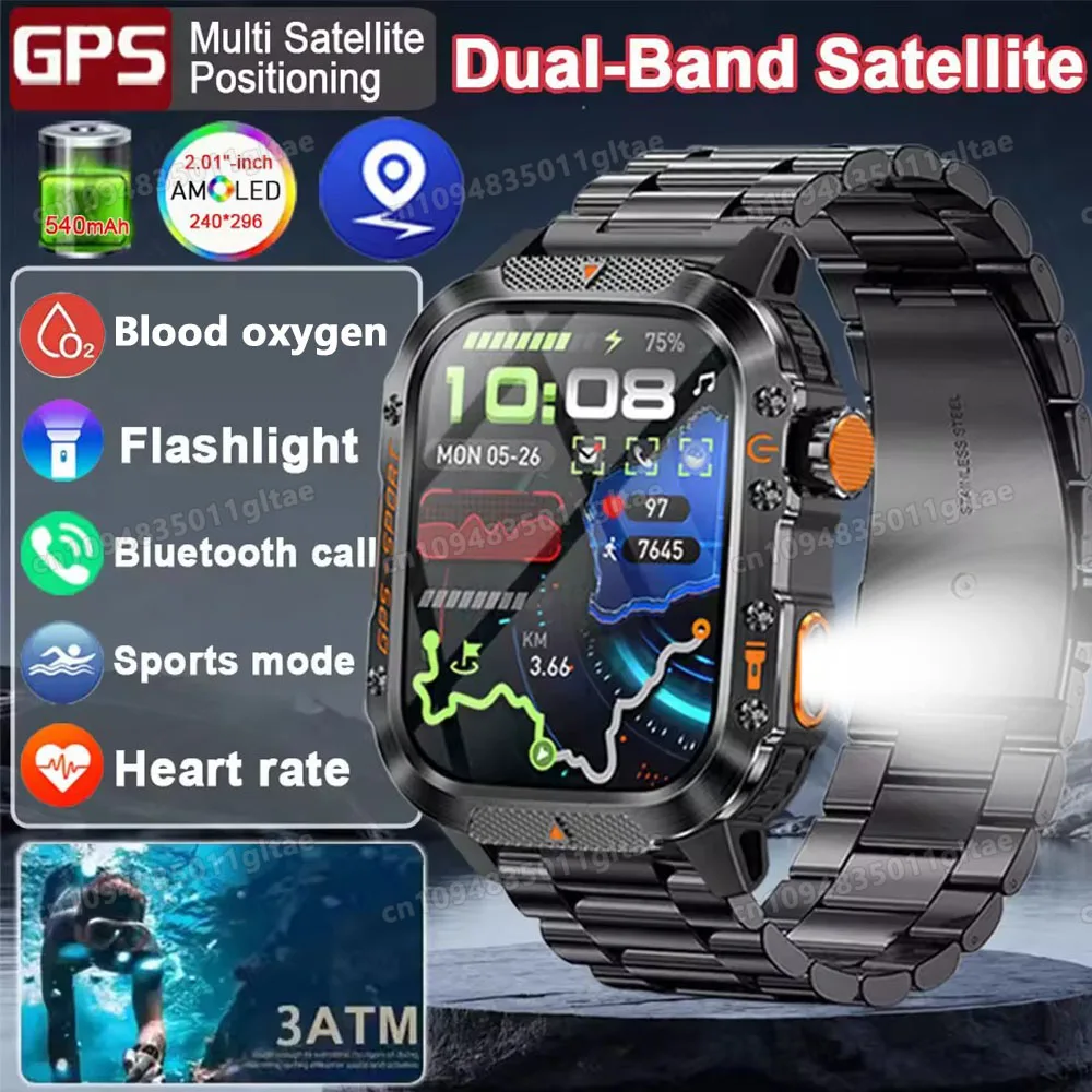 2026 New Military Outdoor Smart Watch Men's GPS Flashlight Bluetooth Call 2.01" AMOLED Screen 10ATM Waterproof Sports Smartwatch 1