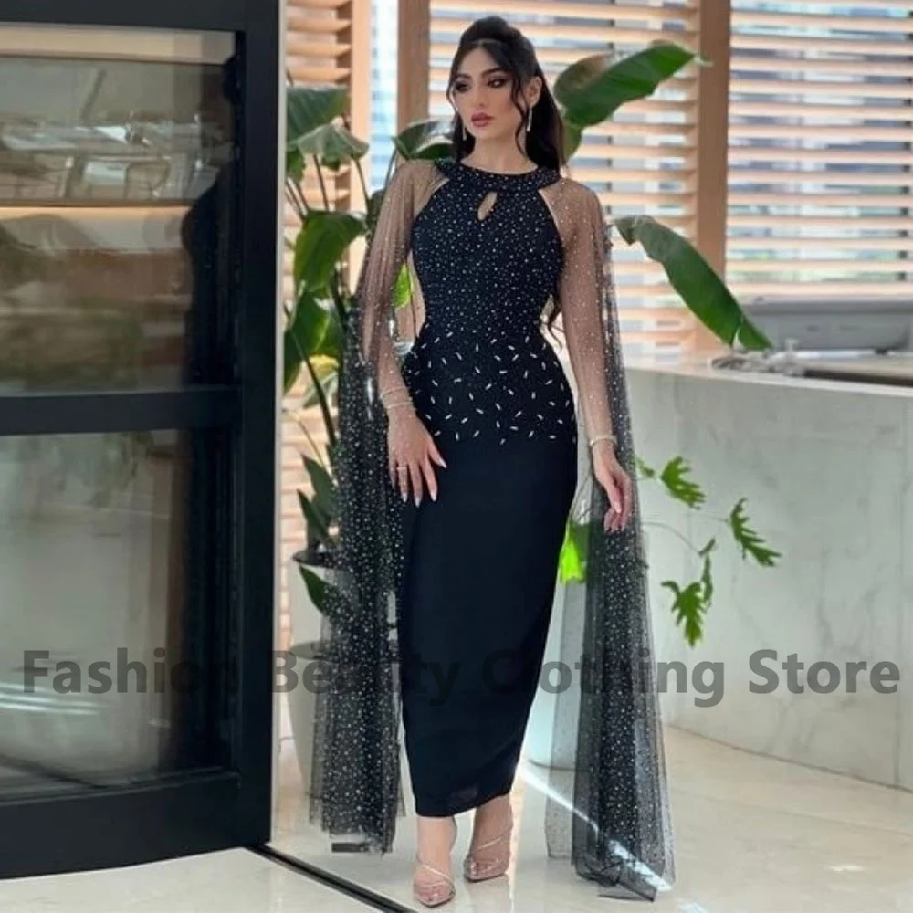 

Mermaid Jersey Evening Dress Illusion Long Sleeve Crew-Neck With Beaded Party Gown Ankle-Length Dubai Formal Occasion Dresses