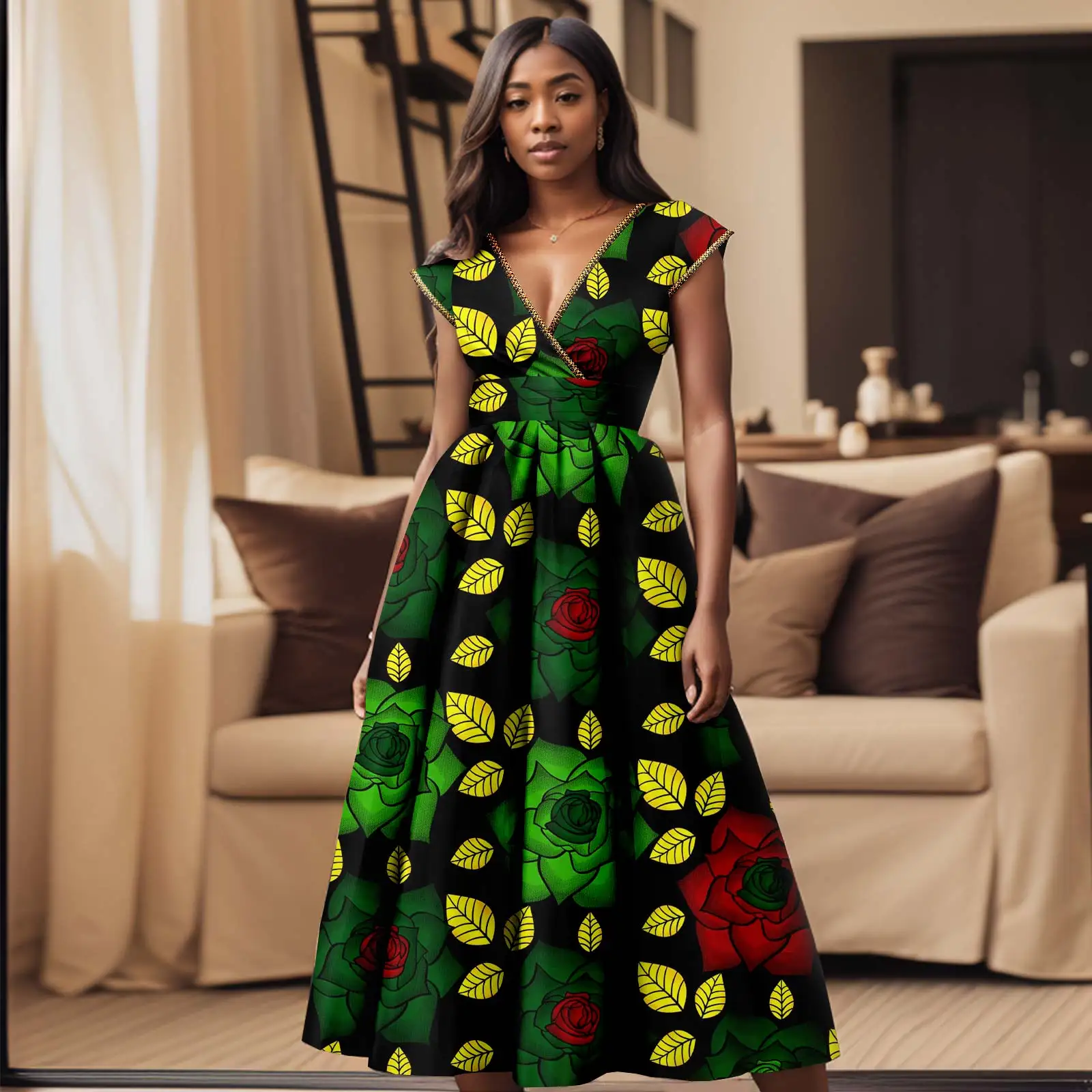 

African Women's Dresses Sleeveless Ankara Printed Fabric Cuffs V Neck Gold Beaded Embellished Sexy Style Dresses 2425009