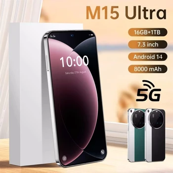 2025 New M15 Ultra Smartphone 7.3inch HD 16GB+1TB Cell Phone 50+108MP Dual SIM 5G Mobile Phones 8000mAh Android15 Unlocked