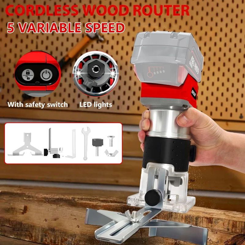 Draadloze houtfrees voor Milwaukee 18V batterij, 800W Handheld Palm Routers voor Houtbewerking Hand Edge Trimmer, 6 snelheden 10000-30000 RPM Borstelloze Motor Router Tool