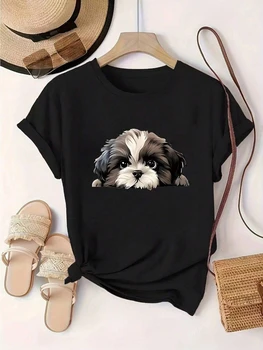 Cute Shih Tzu & Cat Cartoon Pattern Casual Comfortable T-Shirt Summer Women's Short Sleeve Cool Interesting Printed Tees Female 1