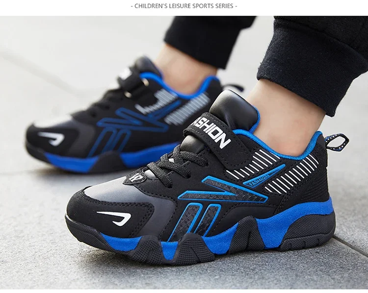Boys Leather Sneakers - Kids Running Shoes With Rubber Outsole & Hook And Loop Closure