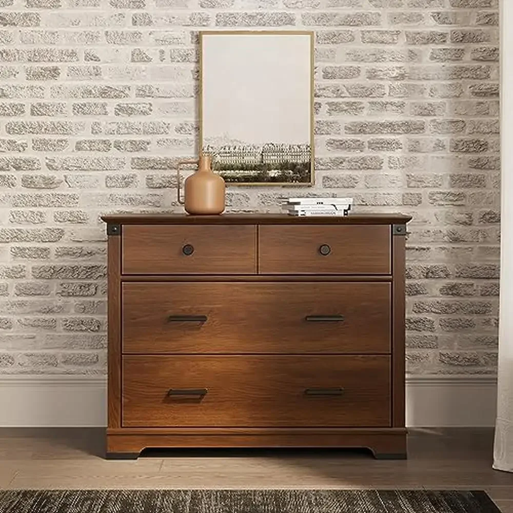 3-Piece Redmond Nursery Furniture Set 4-in-1 Convertible Crib Dresser Chest Strong Pine Wood MDF Coach Cherry Dapper Gray Safety 3