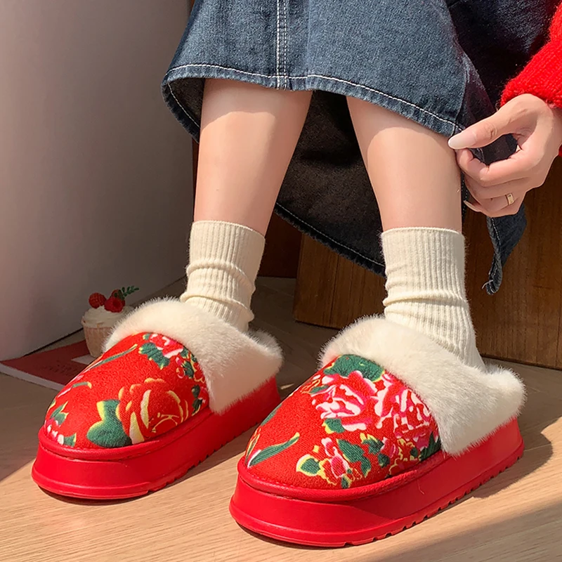 Red Printed Home Cotton Slippers Women Indoor Thick Bottom Non Slip Fur Slippers Woman Round Toe Fluffy Plush Slides Female