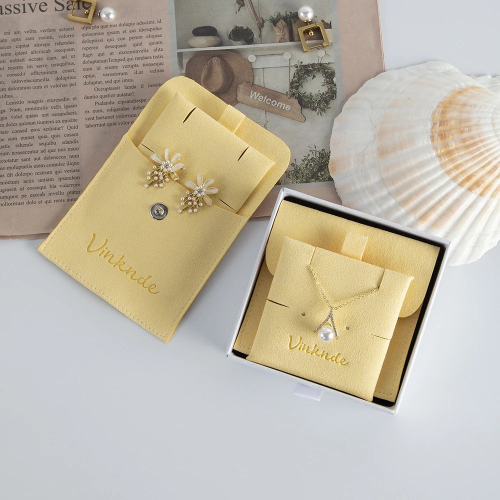 Maßgefertigter Gelber Schmuckbeutel mit Druckknopf Mikrofaser-Schmuckverpackung Geschenktaschen Ohrringe-Halsketten-Organizer mit Einlegekarte – Detail 10