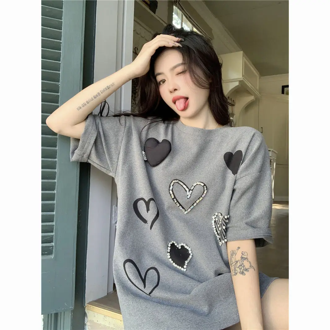 

Korean love printed T-shirt simple bottoming shirt for women 2024 summer new design niche loose casual versatile top y2k trend
