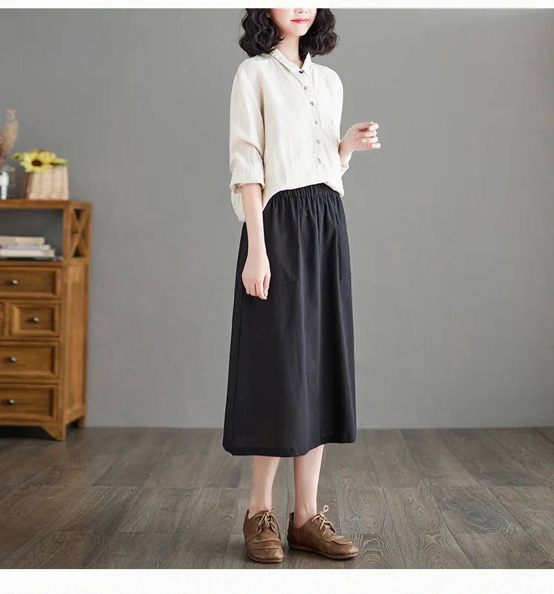 a line skirt Cotton Linen Skirt Women's Long Section 2022 New High Waist Skirt A-Line Linen Skirt Elastic Waist A-Line Skirt Skirts Womens black pleated skirt