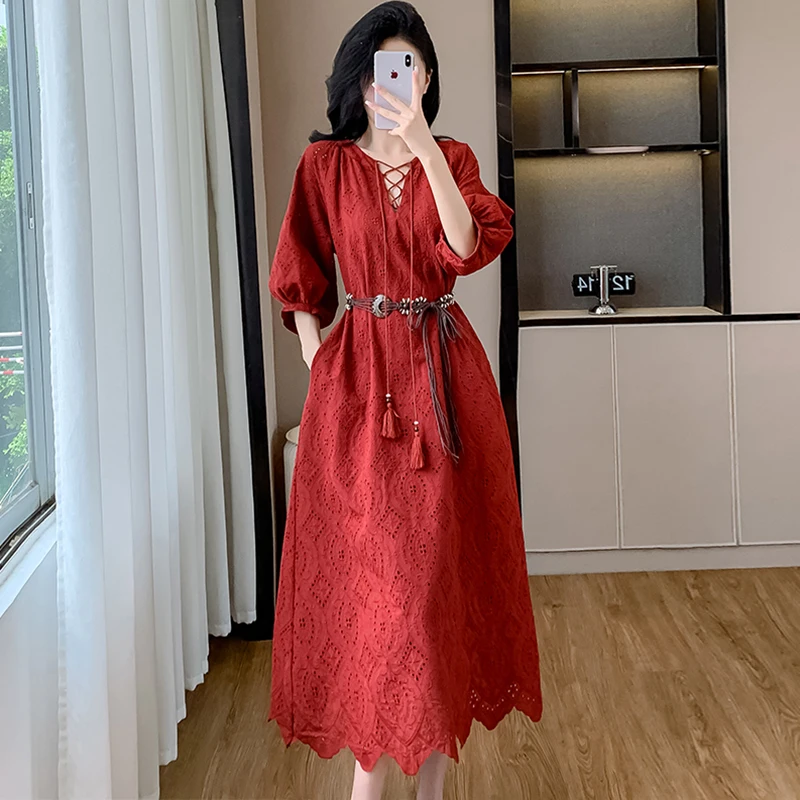 Women Red Jacquard Chic Bandage Bodycon Long Dress 2026 Korean Vintage  Party Vestidos Spring Summer Fashion One Piece Dress Gown - AliExpress  200000345