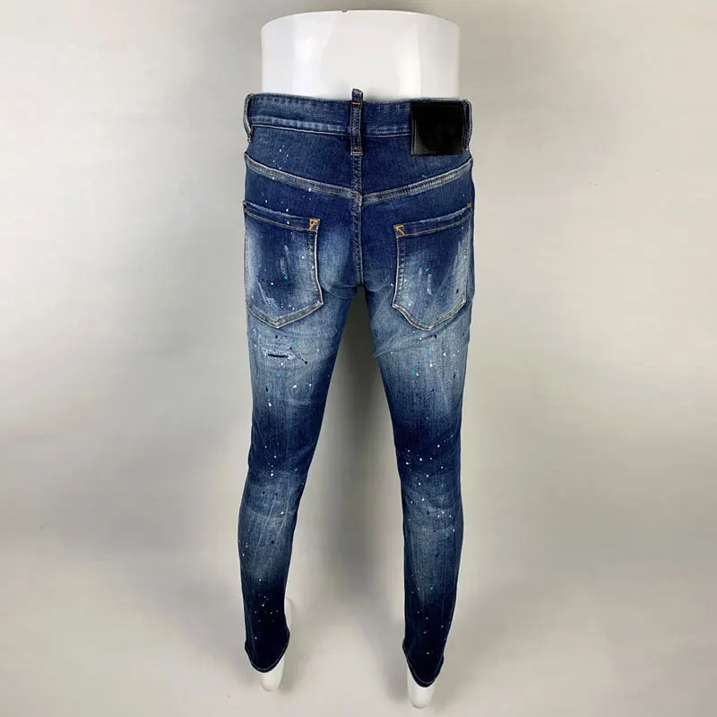 High Street Fashion Men Jeans Retro Blue Stretch Skinny Fit Hole Ripped Jeans Men Painted Designer Hip Hop Brand Pants Hombre