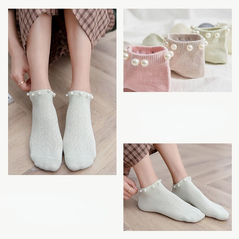 1 pairs Summer new pearl women's boat socks Japanese small fresh girly women's socks shallow lace short tube women's socks