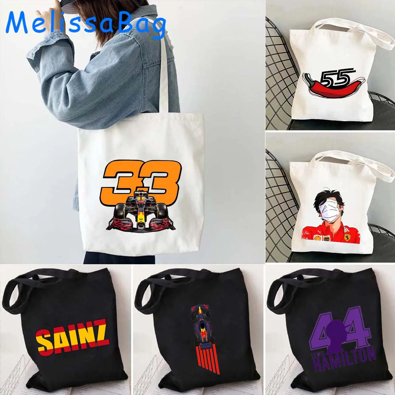 

Racing F1 Formula One Daniel Ricciardo Lando Norris Carlos Sainz Racer Gifts Canvas Shoulder Totes Bag Harajuku Shopper Handbags
