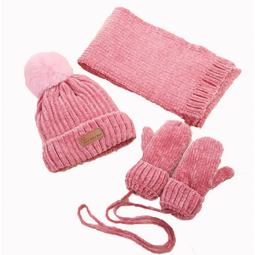 Baby Winter Beanie Hat Scarf and Gloves 3 Pcs Set Kids Boys Girls Knitted Pom Pom Cap Scarfs Children Infant Warm Suit Set