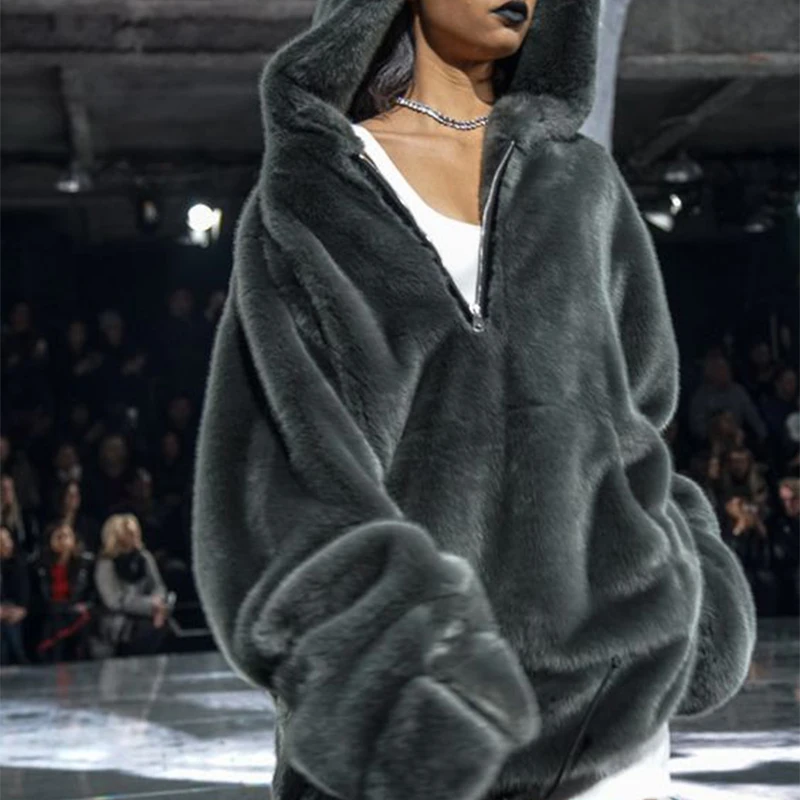 Fashion Runaway Luxury Brand Faux Fur Long Coat Women Big Pocket Warm Jacket Zip Hooded Fake Rabbit Fur Plush Overcoats