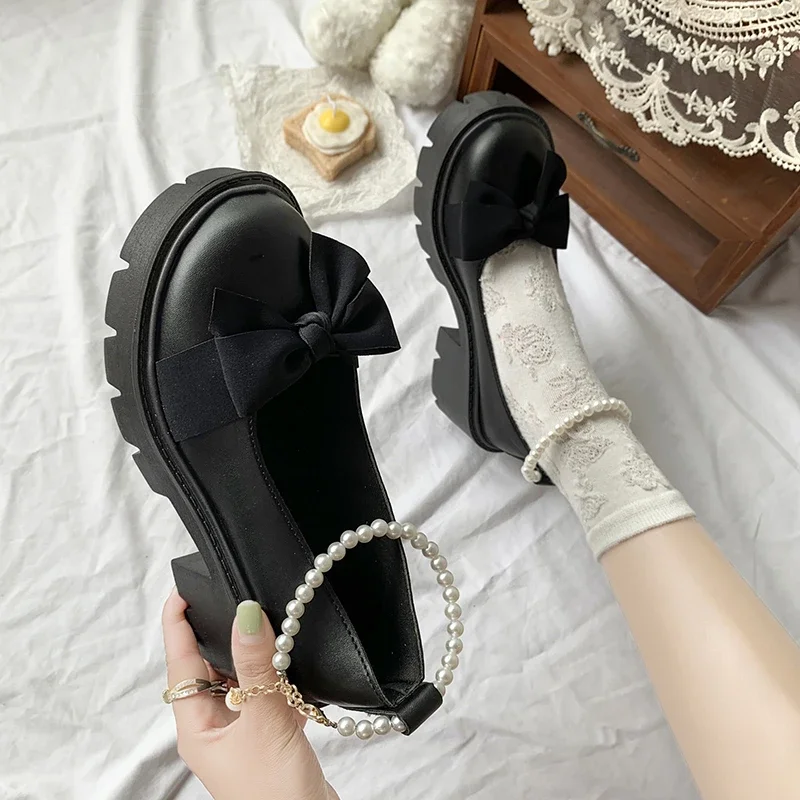 New Sexy Fashionable Elegant Shallow Mouth Round Toe Square Heel Thick Sole Casual Solid Color Bow Women's Shoes 4