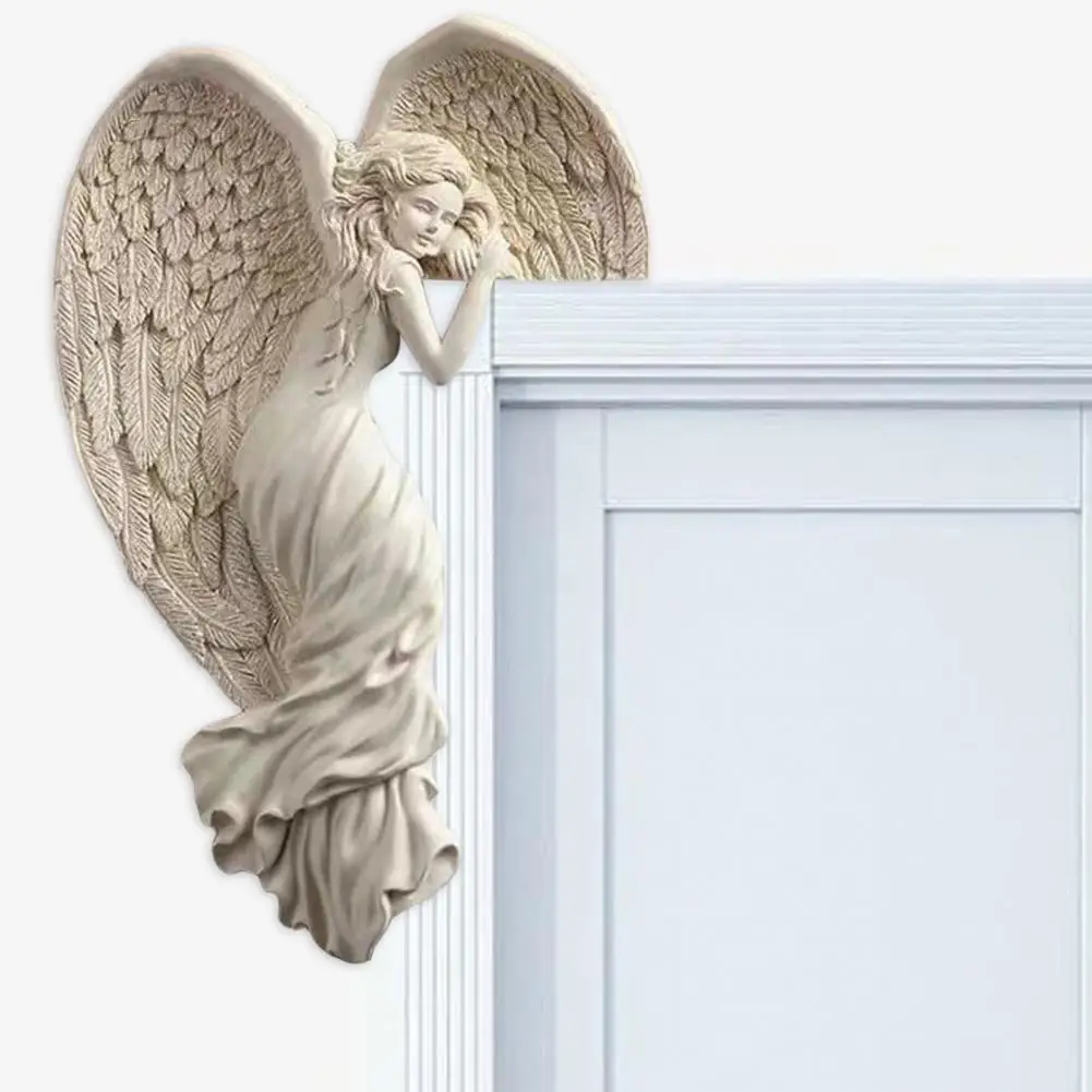 Angel Door Corner Wall Sculpture 3D Heart-Shaped Wings Realistic Resin Figurines Wall Decoration Left/Right Frame Angel Statue