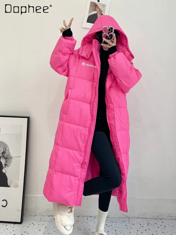 

Loose Hooded Long Down Jacket Female 2023 Winter NEW Oversized Solid Color Thickened Below The Knee White Duck Down Coat Fashion