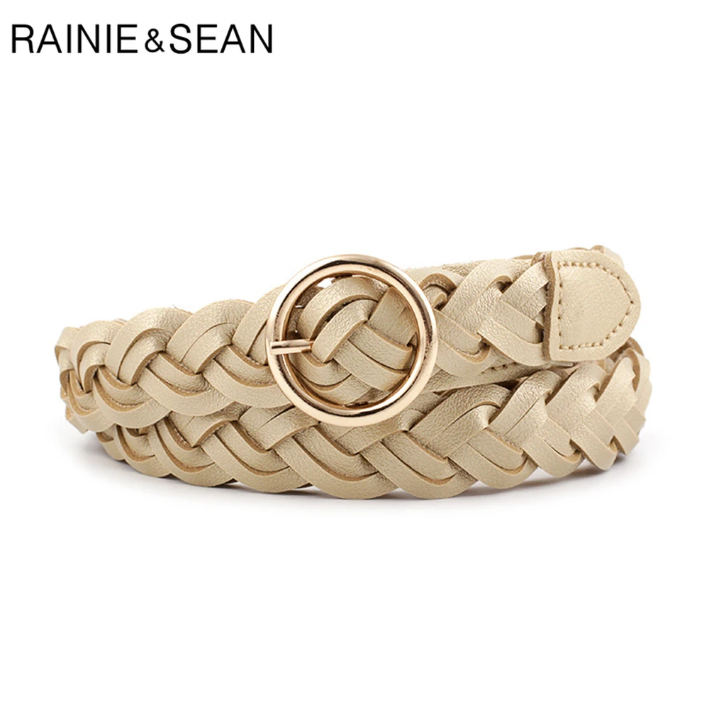 Gold Round Buckle Belts Female Braided Belts Women Woven Belt Gold Buckle Belts Pu