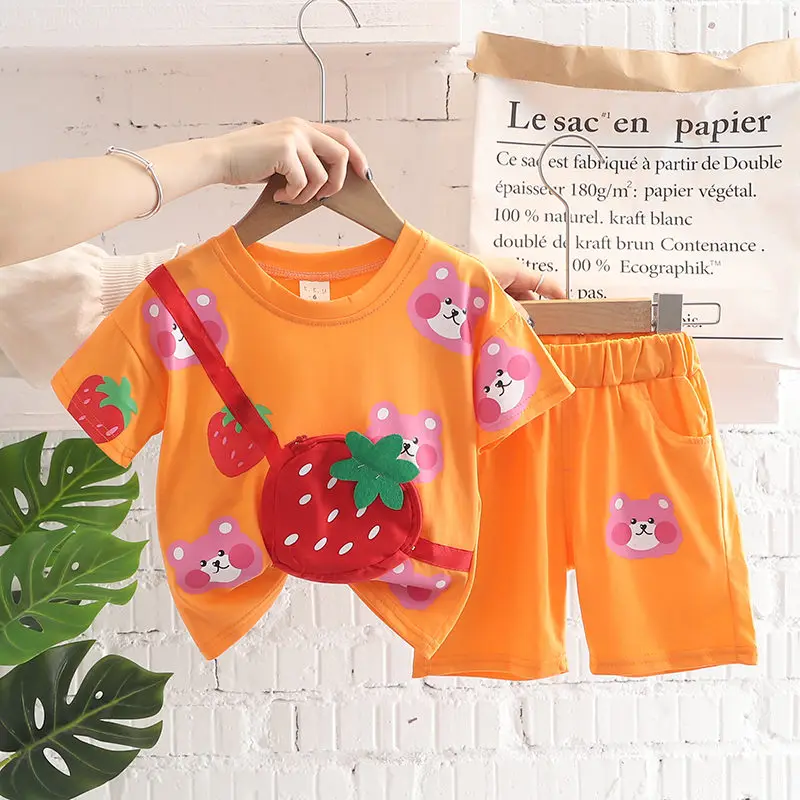 

New Children Cotton Baby Boy Girl Clothes Summer Bears Bag Sport T-shirt Shorts 2Pcs/sets Infant Outfit Kids Toddler Tracksuits