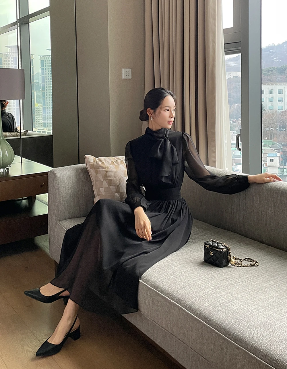 Elegant Midi Dresses for Women Long Sleeves Half High Collar Lace-up A-line Korean Fashion Autumn New One Piece Vestido Mujer