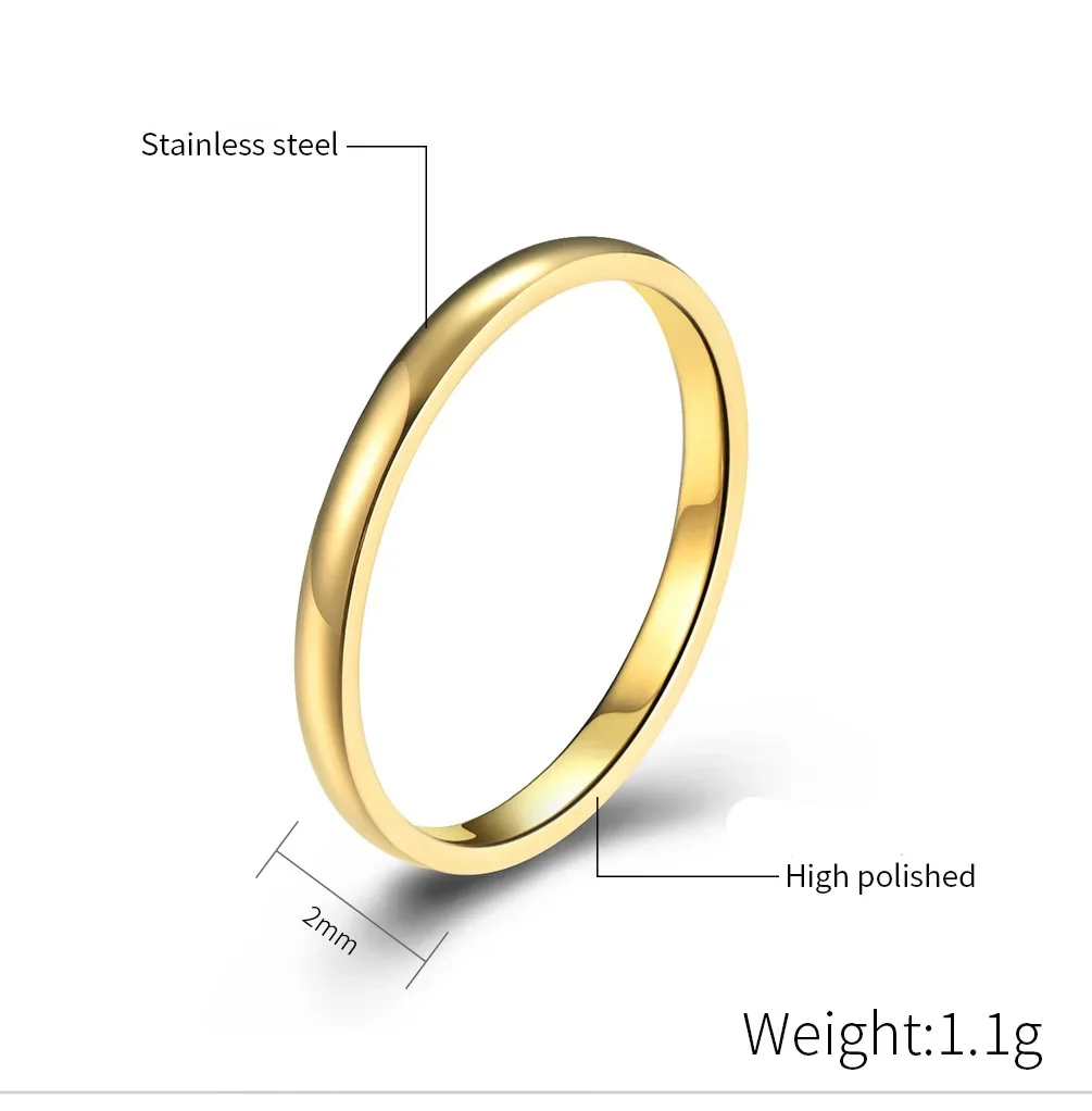 2MM Simple Stainless Steel Rings for Woman Men US Size 4-10