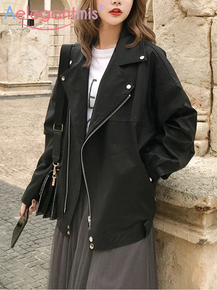 Aelegantmis Fashion Oversized Coat Women Faux Leather Jacket Spring Autumn Loose Biker Motorcycle Jackets Female Punk Streetwear