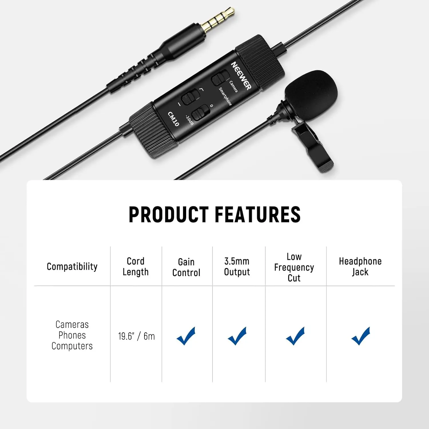 NEEWER 3.5mm TRRS Lavalier Lapel Microphone Plug & Play Mini Clip on Mic Omnidirectional Condenser for Camera Phone PC CM10