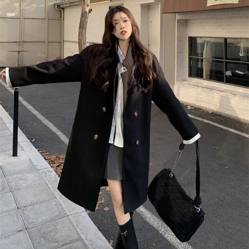 Thickened Blends Coats Women Mid-length Solid Color Long Sleeve Double Breasted Office Lady Versatile Daily Outerwear Female
