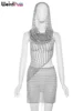 Weird Puss Sequins Women 2piece Set Sexy See Through Irregular Backless Hooded Tank Tops+Peach Hip Skirts Midnight Clubwear Suit 5
