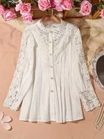 Plus size women's shirt with lace puff sleeves and lantern sleeves, solid pleated women's shirt